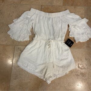 Lulus White Off-Shoulder Ruffle Sleeve Romper- NWT